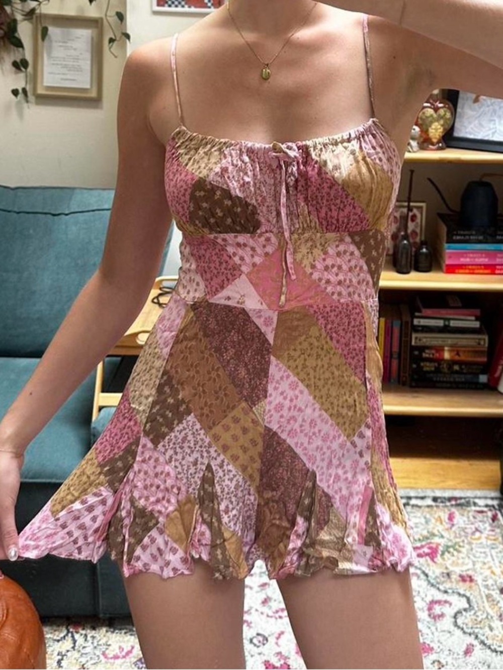 Pink & Brown Patchwork Spaghetti Strap Mini Dress